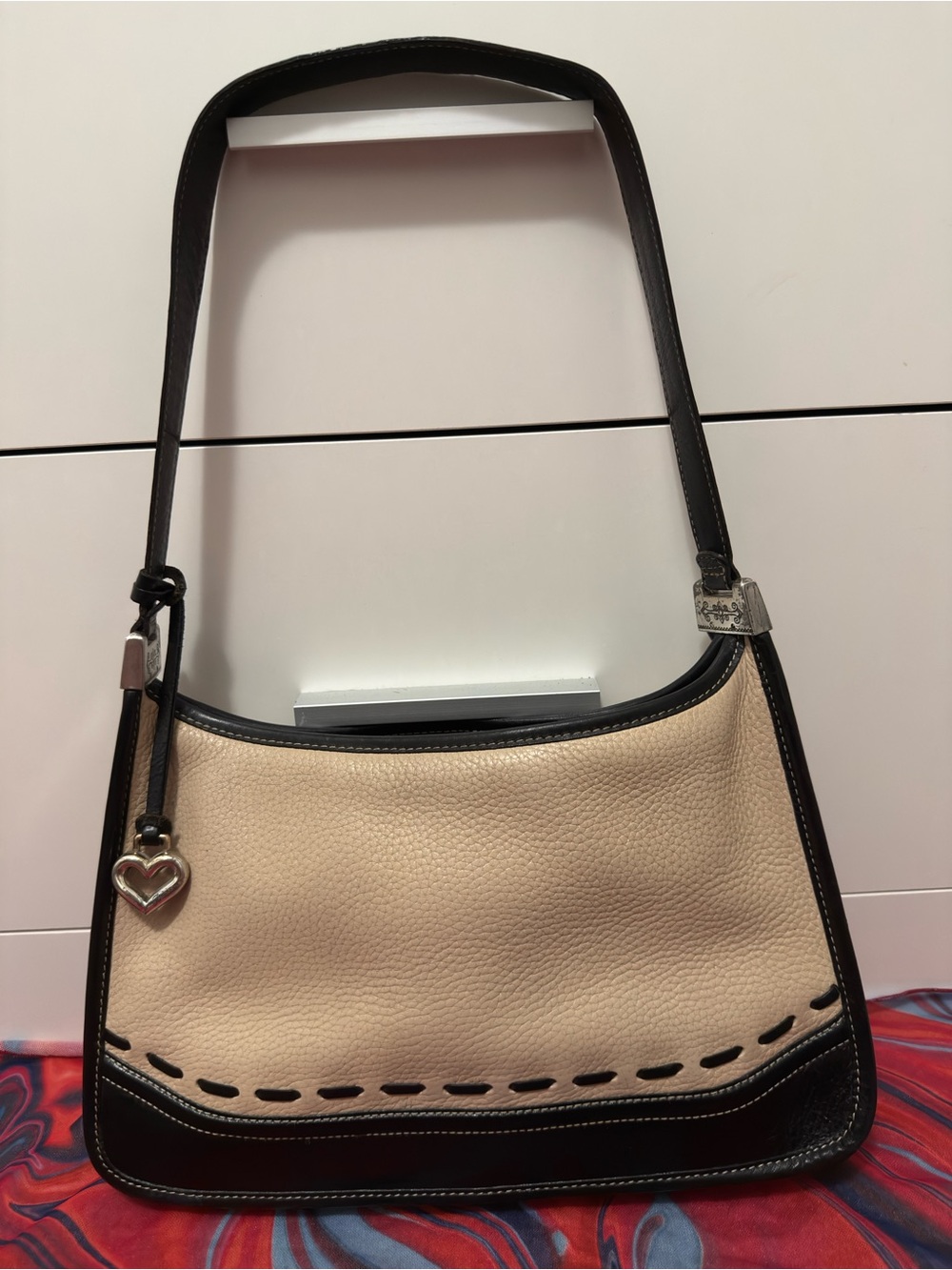 Vintage Brighton Two Tone Beige Black Pebble Leather Hobo Bag